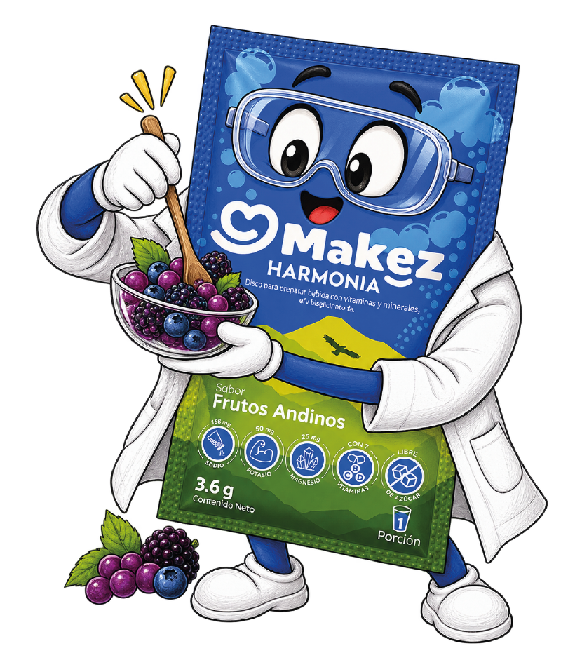 Mascota Makez: un sachet con bata de científico preparando una mezcla de frutos andinos